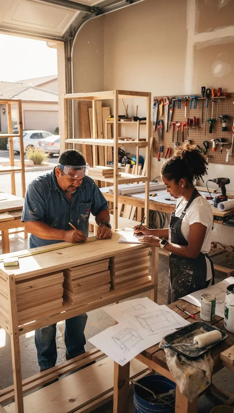 Custom shelving design and installation workshop image.